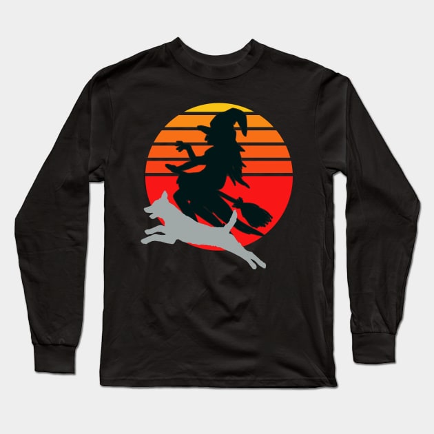 Witch and Malinois Riding Broom on Halloween Long Sleeve T-Shirt by Imp's Dog House